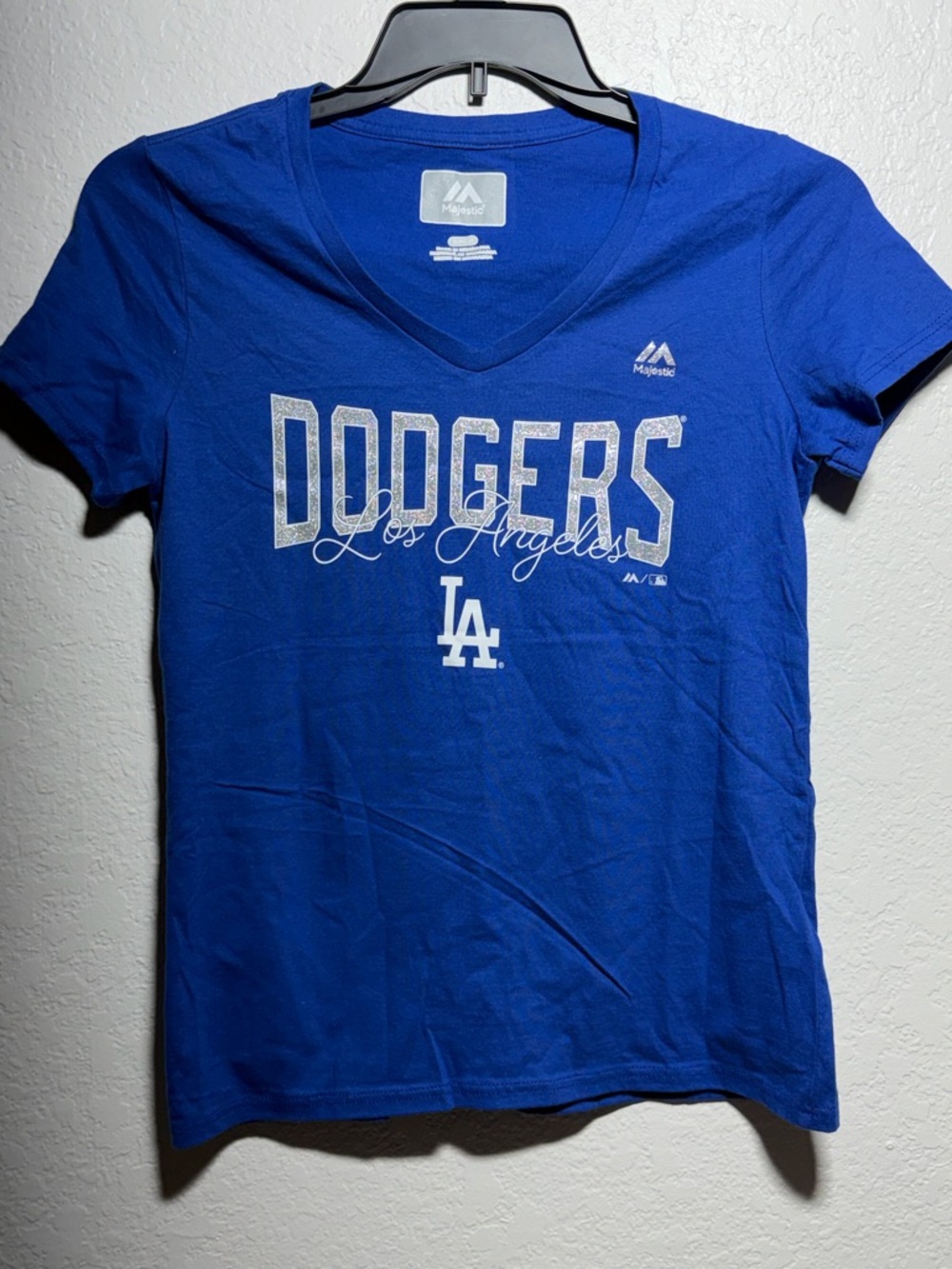 Los Angeles Dodgers glitter logo Blue V-Neck Tee